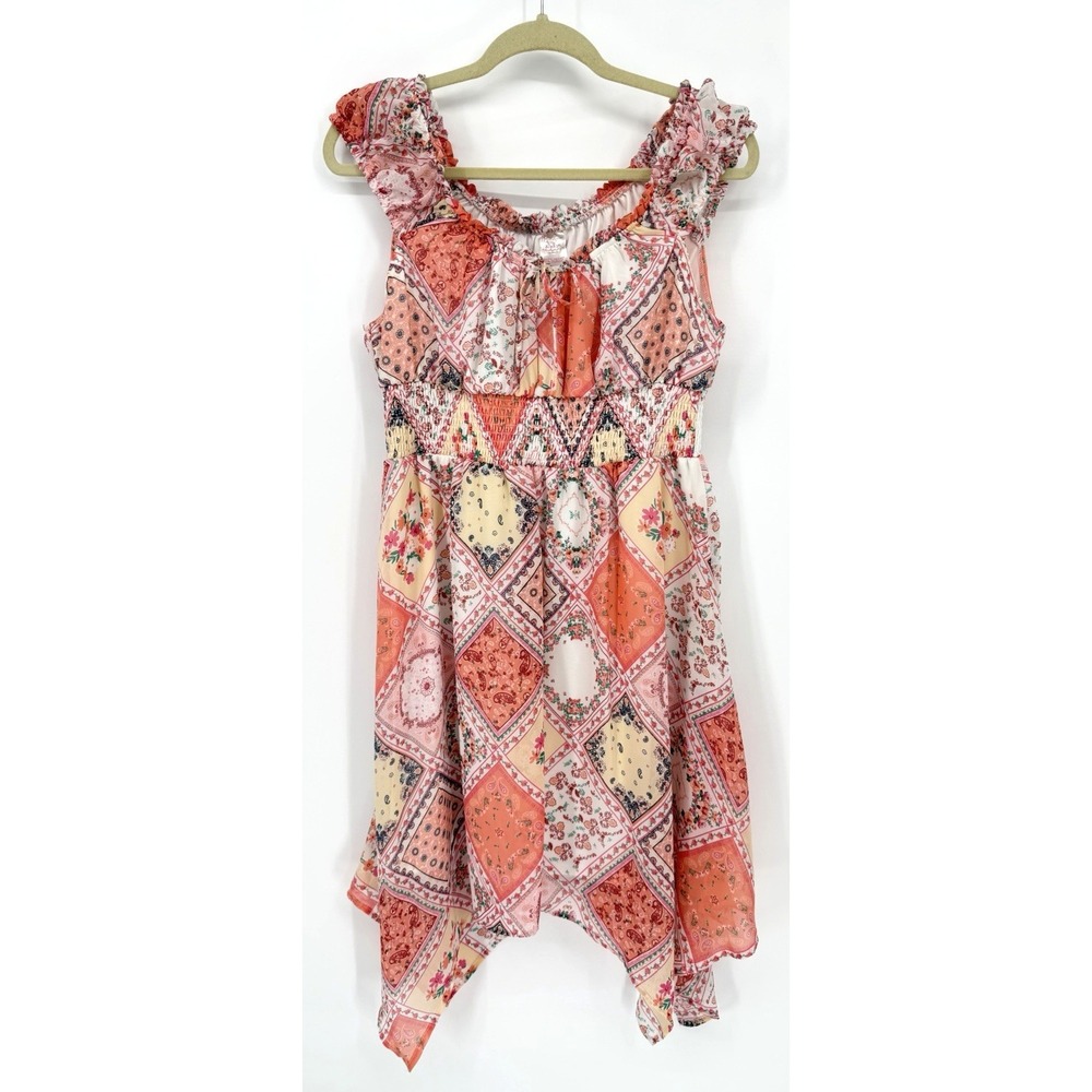 Boho Patchwork Floral Dress Smocked Waist Asymmetrical Hem Size XL Flowy Prairie